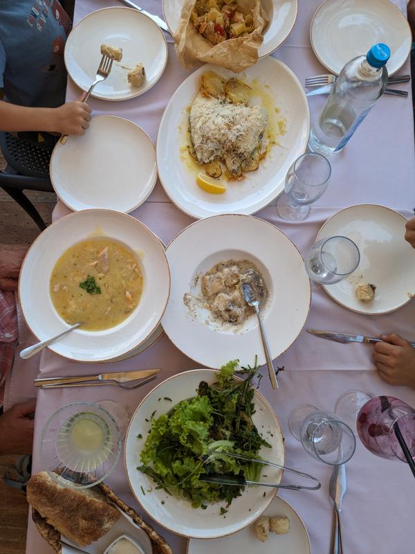 Lunch: Fish soup, “trout in prison”, sea breem, salad.